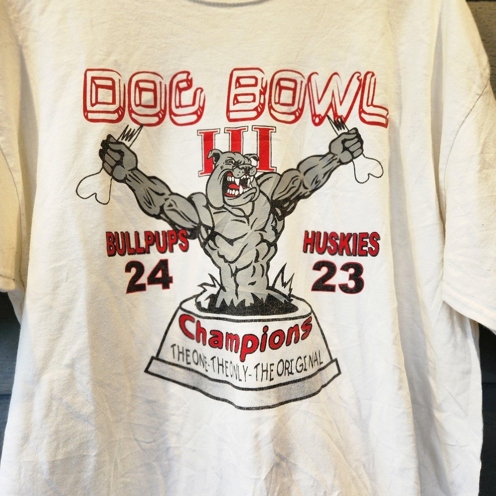 VTG Gildan Dog Bowl Shirt Mens XL White Bullpups Huskies Football Champions Tee